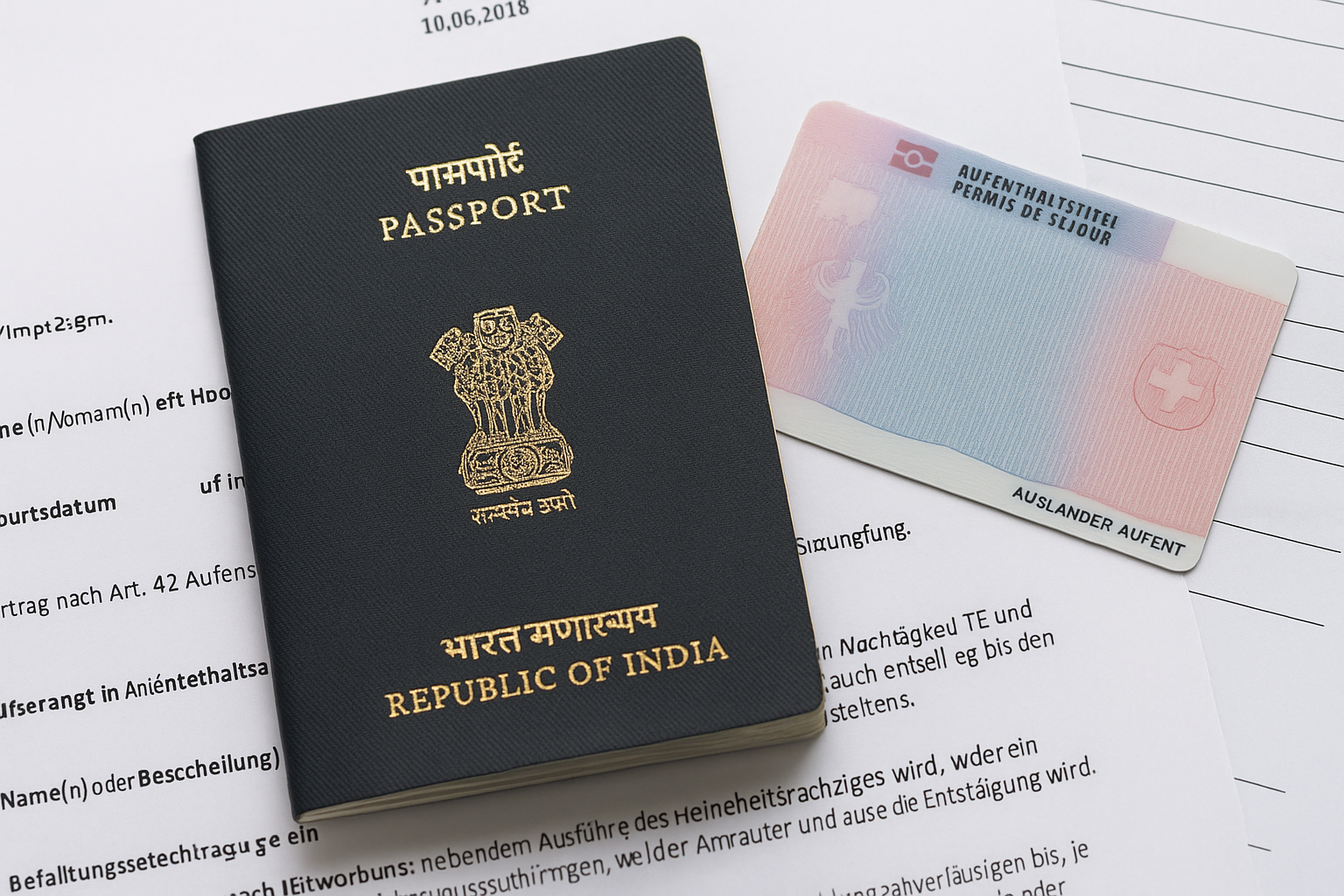 Passport, residence permit, rental contract on a desk