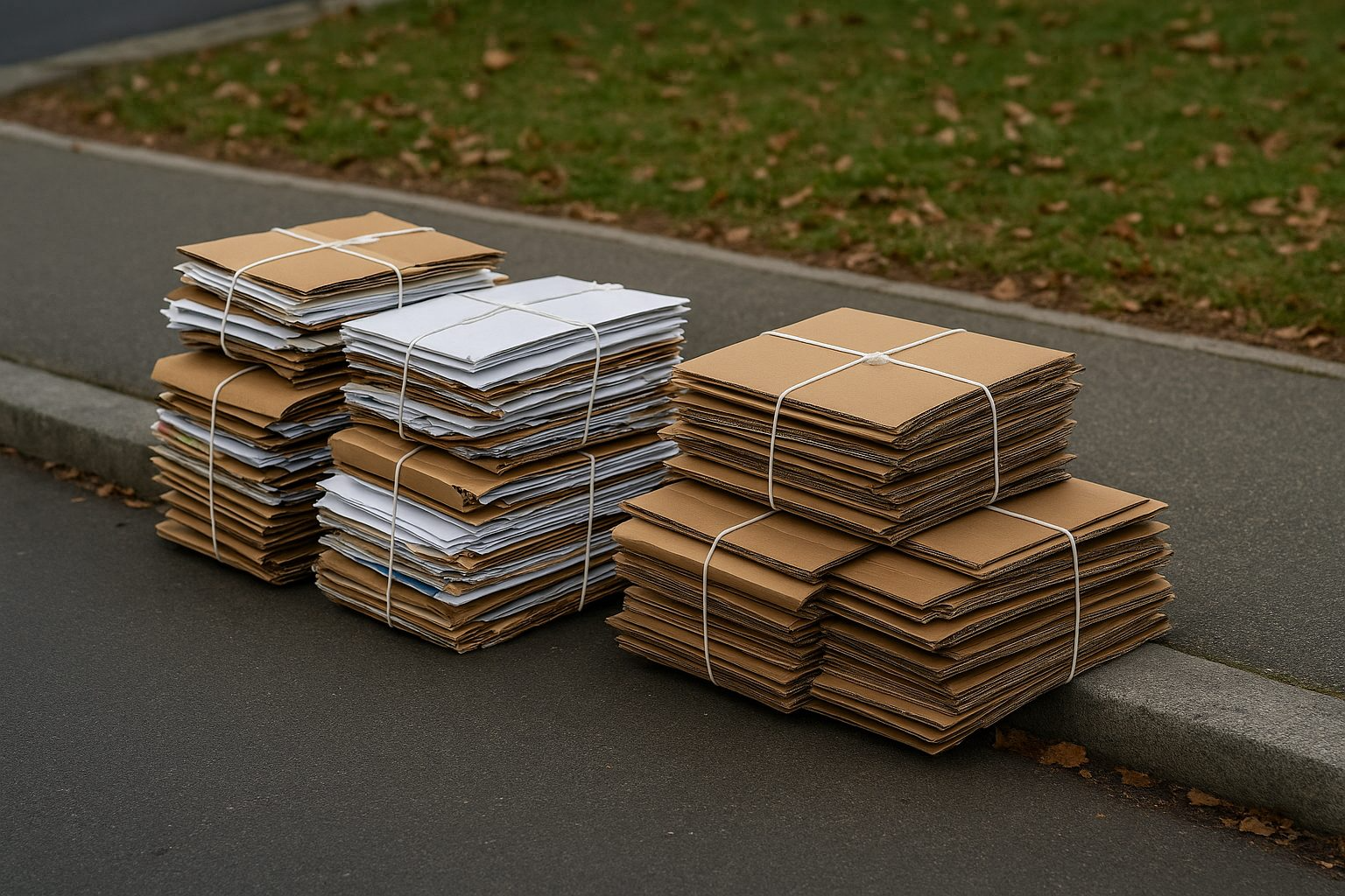 Tied bundles of paper and cardboard on Swiss curb for collection