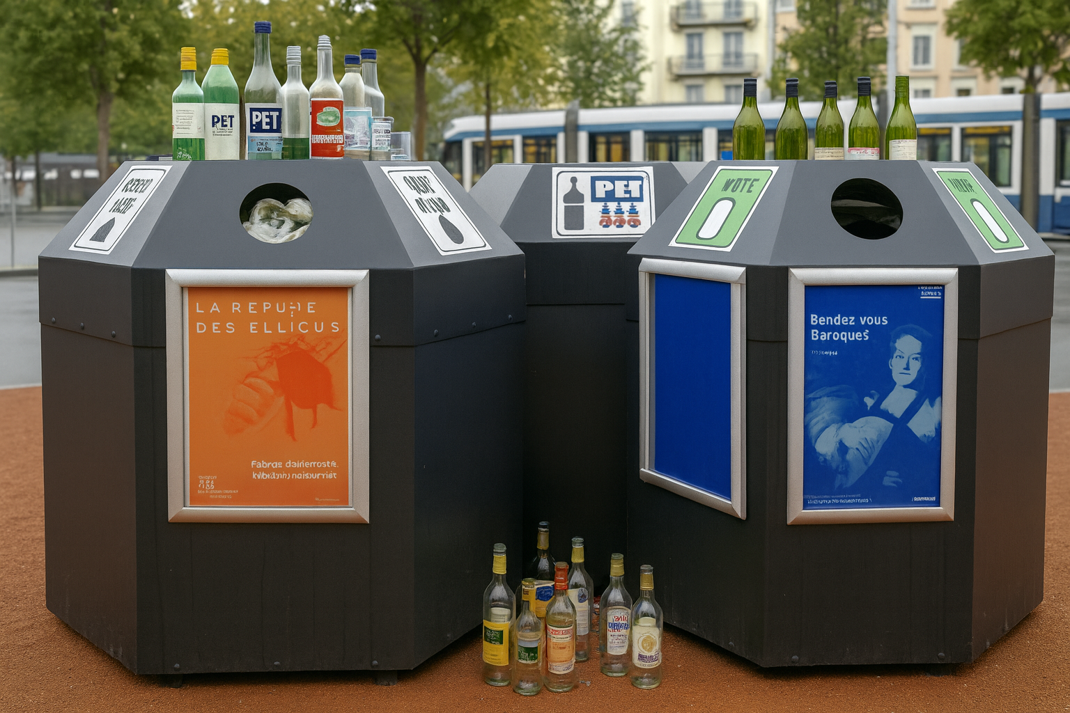 Swiss recycling station with containers for glass, paper, aluminum and cardboard